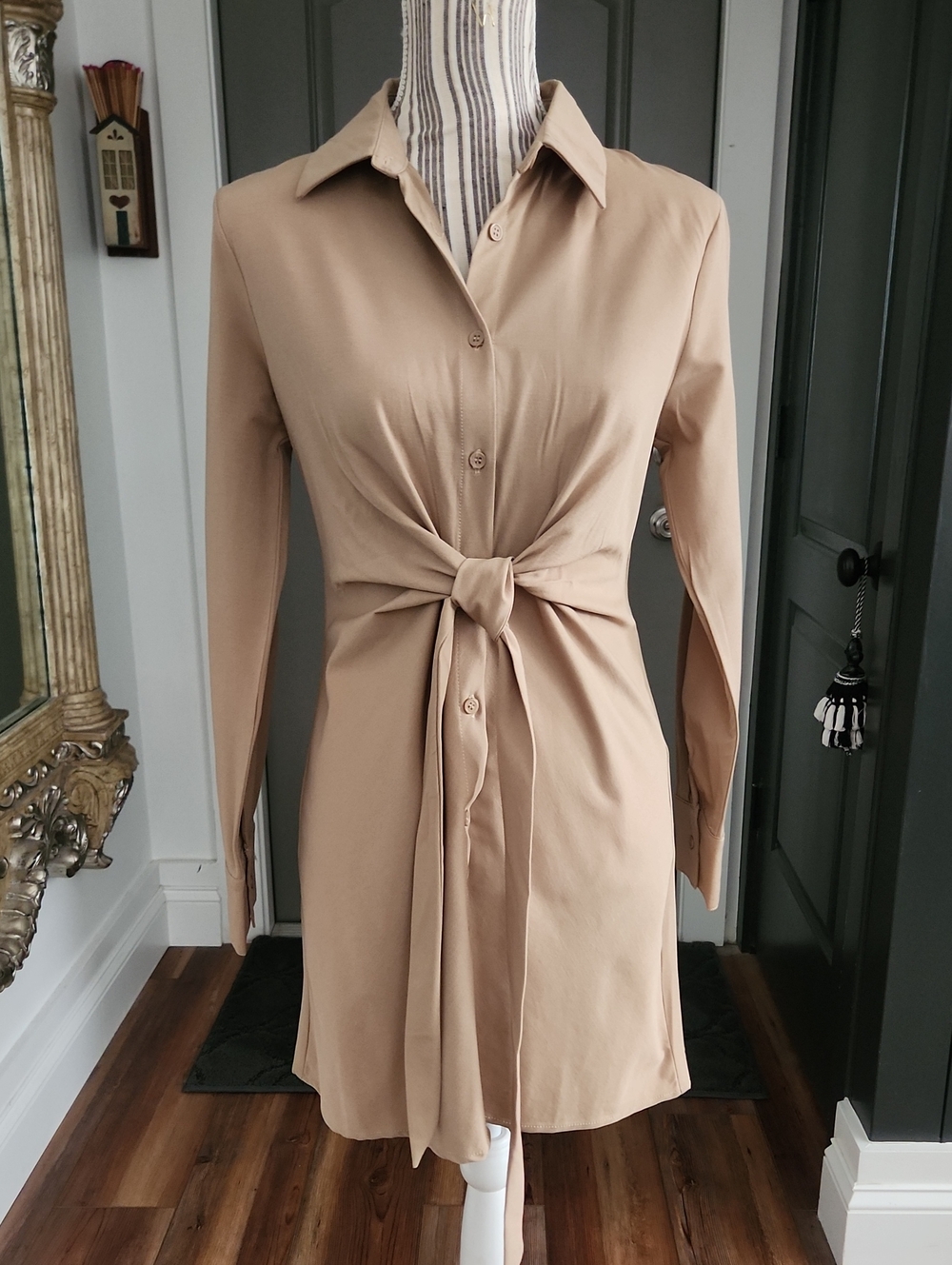 HYFVE Long Sleeve Tie-Waist Shirt Dress in Khaki - S